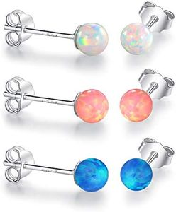 925 Sterling Silver 4mm Opal Ball Stud Earrings Multiple Set for Women Teens Girls Pink/Blue/White Fire Birthstone Gemstone Small Ear Piercings Studs Hypoallergenic Jewelry