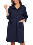 Lovasy Women's Zip Dressing Gowns Knee Length Housecoat,Navy Blue,M