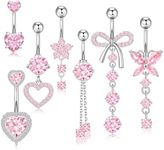 WINSENET 14G Belly Button Ring Dangle Belly Rings Stainless Steel Belly Button Piercing Cute Pink CZ Heart Butterfly Flower Dangling Navel Piercing Jewelry for Women Silver 7Pcs