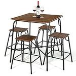 COSTWAY 5-Piece Dining Table Set, Counter Height Bar Table and 4 Stools with Footrest, Metal Frame Space Saving Breakfast Dining Furniture for Kitchen Pub Living Room