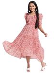 B-FASHION Floral Print V-Neck Tiered Dress for Women(Size:M) Pink