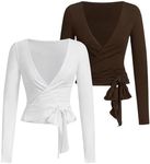 SweatyRocks Women's 2 Pack Yoga Shirts Wrap Ruched Tie Front Long Sleeve Workout T Shirts Brown and White Large