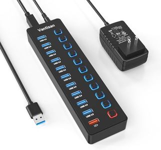 Powered USB Hub, 11-Port USB 3.0 Hub Splitter - 10 USB 3.0 Data Transfer Ports + 1 Smart Charging Port, USB Hub 3.0 Powered with Individual LED On/Off Switches and 5V/4A Power Adapter