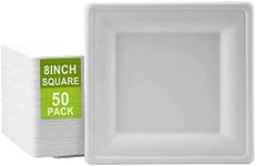 Disposable Square Paper Plates Medium [20cm, 50 Pack] Heavy Duty Strong Party Plates for Hot Food Reusable Super Rigid Takeaway Bagasse Sugar Cane for Weddings, Christmas, Events - 20 cm (8 Inch)