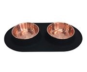 Messy Mutts Double Silicone Feeder with Copper-Colored Stainless Bowls | Non-Skid Food Dishes for Dogs for All Pets | Dog Food Bowls | Large, 3 Cups Per Bowl | Black