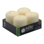 Müller Ivory Pillar Candles - Set of 4 Unscented Small Candles in Bulk - 4,8 x 6,2 Cm - 10 Hours Long Burning Decorative Candles - Dripless Wax - Smokeless Wick - RAL Quality - Made in Germany