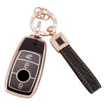 Koaudb Car Key Cover 3 Buttons Car Key TPU Cover with Leather Keychain Lanyard Fit for Mercedes Benz A B C E G S SL CLS Class SLC CLA GLB GLC GLE GLS AMG Smart Key Case Shell Black Gold (BP-Bz-3L)