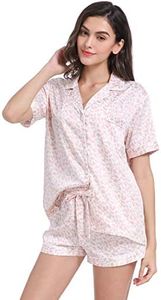 Serenedelicacy Women's Satin Pajama Set 2-Piece Sleepwear Loungewear Button Down Short Sleeve PJ Set, Blush, Leopard, Medium