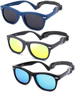 Polarized Baby Sunglasses with Strap - Unbreakable Flexible Infant Sunglasses for Toddlers Age 0-24 Months (Black/Blue + Gray/Gold + Black/Blue) - 3 Pack