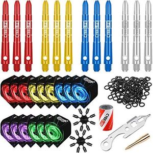 CyeeLife - Kit de Accesorios para Dardos, 15 vuelos de Dardos, 12 Ejes de Aluminio Grueso, sacapuntas, 2 Herramientas, 50 Anillos de Goma, 16 Protectores de Vuelo