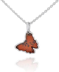 AMBEDORA Small Delicate Necklace for Women 925 Silver Cognac Baltic Amber Butterfly Pendant with Anchor Chain Gift Set, Sterling Silver, Amber