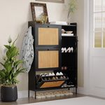 IDEALHOUSE Rattan Shoe Cabinet, 3 Tier Shoe Cabinet with Flip Drawers, Free Standing Slim Shoe Storage Organizer with Adjustable Shelves, Shoe Rack Cabinet for Hallway, Fence On Top, Black