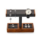 Woodten Solid Wood T-Bar Showcase, 2 in1 Watch&Ring Display Stand Jewelry Display Organizer Holder for Watch Bracelet Ring (Dark Grey)