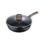 Bergner Ultimate Cast NonStick 28 cm Deep Fry Pan/ Saute Pan with Tempered Glass Lid, 3.2 L Capacity, Deep Fry/Tempura Style Cooking, Wood Finish Handle, Granite Finish, Induction & Gas ready, 2-Year Warranty