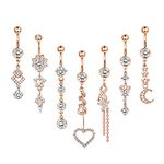 Florideco 7Pcs 14g Belly Button Rings Dangle 316L Surgical Steel CZ Navel Ring Barbell for Women Body Piercing Jewelry Silver/Gold/Rose Gold