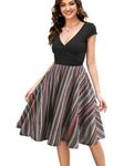 oxiuly Women's Chic V-Neck Classic Stripe Patchwork Work Party Cocktail Casual Summer A Line Swing Dress OX233 (M, BK-MuStripe)