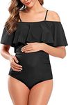 SHEKINI Maternity Swimsuits Off-Shoulder One Piece Swimwear Ruffled Flounce Pregnancy Bathing Suit, Black, Medium