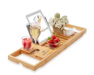 Extendable Wooden Bath Tray - Bamboo Bathroom Caddy Trays with Wine Glass, Candle, Phone, Tablet, Book Holder - Foldable Bath Board for Fantastic Bath Experience - Adjustable Bath Rack, Wood Table