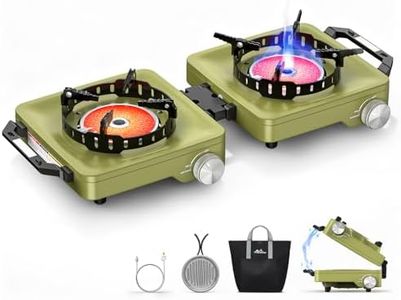 MoKo Propane Camping Stove 2 Burner, 36,000 BTU Infrared & Open Flame Hybrid, Windproof Folding Portable Outdoor Gas Cooking Kit with Frying Pan & Carry Bag For RV, Tailgating, Survival, Green
