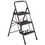 BONTEC 3 Step Ladder, Capacity 272KG with Wide Anti-Slip Pedals, Folding Steel Step Stool, Sponge Handlebar, Lightweight Portable Ladder Suitable for Home, Kitchen, Pantry, Indoor/Outdoor Use, Black