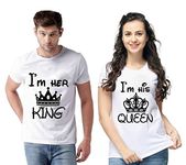 Tween Trends Unisex Cotton Blend King and Queen Couple Matching T-Shirt (White, Men-XL and Women-Medium)