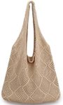 Crochet Tote Bag, Beach Mesh Knitted Bag Large Aesthetic Shoulder Bag Handbags Hollow Hobo Bag for Women Summer (Ripple-Khaki)