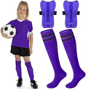 Syhood Soccer Shin Guards and Socks for Toddler Kids Youth, Lightweight Soccer Shin Pads Protective Soccer Gear for 3-5, 5-10, 10-15 Years Old Children Teen Boys Girls Soccer Game (Purple, L Size)