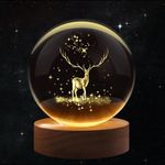 Rylan 3D Deer Crystal Globe Lamp Creative Engraved Crystal Ball Night Light USB Table LED Wooden Crystal Ball for Home Office Decoration Birthday Gift Adults (Deer 6cm)(Warm White)