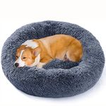 WEASHUME Plush Donut Dog Bed Calming Round Dog Cat Bed Soft and Fluffy Cuddler Pet Cushion Self-Warming Puppy Beds Machine Washable Dark Grey 100cm