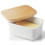 Sweejar Porcelain Butter Dish with Lid, Airtight Large Butter Keeper with Wooden Lid, Butter Container Perfect for 2 Sticks of Butter West or East Coast Butter(White)