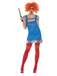 Smiffys Chucky Sexy Costume in Blue Top and Printed Dungarees, Officially Licensed, Iconic Printed Dungarees and Striped Top, Short Dress, Halloween Costume Womens Fancy Dress Sexy Chucky Costume