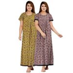 YUKATA Nighty for Women Cotton Printed Maxi Gown Ankle Length Nighty Night Dress Gown for Women Maxi - Free Size (Pack of 2) (Free Size, Musterd&Light)