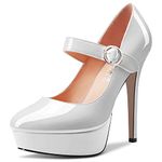 Castamere Women Stiletto High Platform Heel Round Toe Mary Jane Pumps Slip-on Classic Cute Dress 5.1 Inches Heels, White, 5