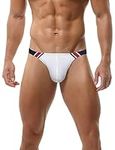 FEOYA Men's Swimming Briefs with Pouch Sexy Low Rise Swim Briefs for Men UK Summer Bikini Bottoms Color Block Swimming Costume Sport Swimwear Briefs Micro Swimming Trunks Beach Padded Briefs White L