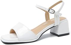 fereshte Women's Ankle Strap Heeled Sandals Open Toe Strappy Low Block Heels Sandals, Patent White, 7