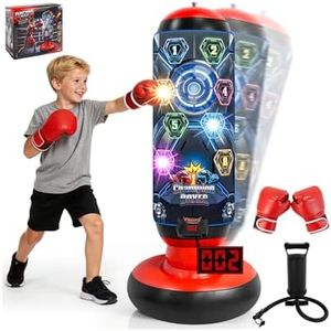 Kids Punching Bag with Gloves, Inflatable Boxing Set with Scoring, Lights & Music, 4 Game Modes, Freestanding Electronic Boxing Bag, Interactive Training Set Birthday Gift for Boys Girls Ages 4-12
