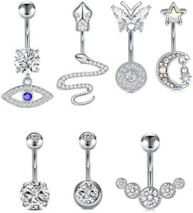 D.Bella 14G Belly Button Rings Surgical Stainless Steel Belly Navel Rings Diamond Dangle Reverse Barbell Belly Piercing Jewelry for Women 10mm 3/8" -Silver