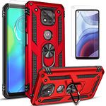 STARSHOP Moto G Power 2021 Phone Case, with [Tempered Glass Screen Protector Included], Military Grade Shockproof Protective Cover with Metal Ring Kickstand Motorola G Power 2021 - Red
