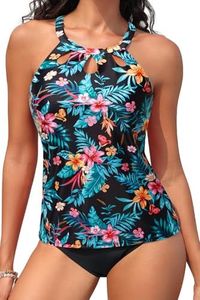 Yonique Two Piece High Neck Tankini Swimsuits for Women Tummy Control Bathing Suits Swimwear Midnight Hibiscus L