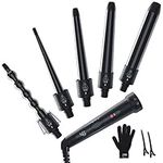 5 in 1 Curling Iron Wand Set, Ohuhu Upgrade Curling Wand 5Pcs 0.35 to 1.25 Inch Interchangeable Ceramic Barrel Heat Protective Glove, Dual Voltage Hair Curler for All Hair Type, Black, Idea for Gift