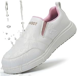 OKVOOT Slip-On Waterproof Non-Slip Wide Width Shoes for Women with Arch Support, Oil Resistant Lightweight Work Sneakers for Kitchen, Restaurant, Chefs, Food Service & Nursing Staff(White-36)