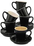 Espresso Cup and Saucer Set of 6 - Black Ceramic 70ml / 2.36oz - Stackable Design - Keeps Warm for a Long time - Gift Box