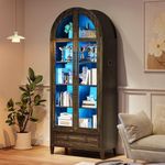 HNEBC Book Shelf with LED Lights, Arched Display Case with Storage Cabinet, Smart File Cabinet with Glass Door, Curio Cabinet with Solid Wood Legs for Home Office/Bedroom Furnniture-Brown