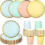 CHENGU Disposable Plates for Party Disposable Dinnerware Set Include 7 Inch Paper pastel Dessert Plates and 12 oz Cups for Birthday Party Supplies Baby Shower Wedding (Solid Style,80 Pcs)