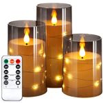 NURADA Flickering Flameless Candles: Built-in Star String Lights Unbreakable 3D Wick Acrylic Battery Operated LED Pillar Candles with Remote and Timer for Romantic Mood Home Decoration - 3 Pack Gray