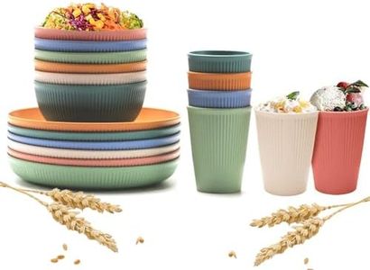 18pcs Wheat Straw Dinnerware Serving Set for 6, Colorful Lightweight Plates Bowls Cups Sets, Unbreakable Reusable Plates, Microwave Dishwasher Safe, Perfect for Camping, Picnic, Outdoor Barbecue