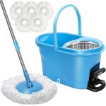 MASTERTOP Spin Mop and Buckets Sets, 5L Stainless Steel Spin Mop with Foot Pedal & Adjustable Handle, Microfibre Mops for Cleaning Floors Laminate Tile Hardwood - Blue, Send 5 Reusbable Mop Pads