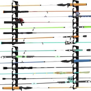 Wall or Ceiling Fishing Rod Storage Rack Vertical Horizontal Holder with 16 Capacity Fishing Rods Reels Mounted Roof Carrier Hooks Hanger for Garage Cabin and Basement Gear Accessories