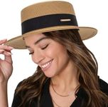 Summer Beach Boater Sun Hat for Women Flat Straw Fedora Hat, Khaki, Small-Medium