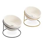 Navaris Tilted Pet Bowls with Stand (Set of 2) - Elevated Ceramic Cat Food Bowl Set for Cats and Small Dogs with Metal Wire Stands - Black and Gold